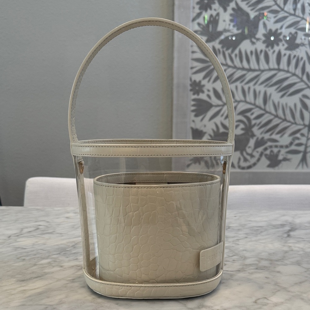 STAUD Clear Bisset Bucket Bag Cream Faux Croc